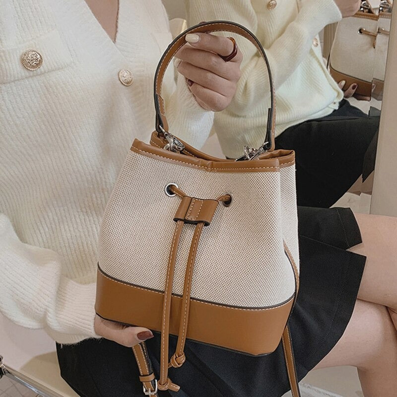 Bucket Bag Canvas Faux Leather with Short and Long Straps