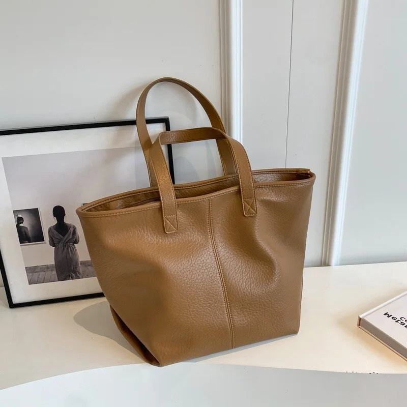 Tote Bag Faux Leather with Zipped Compartment and Sturdy Handles