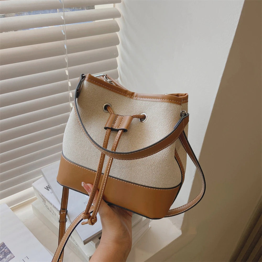 Bucket Bag Canvas Faux Leather with Short and Long Straps