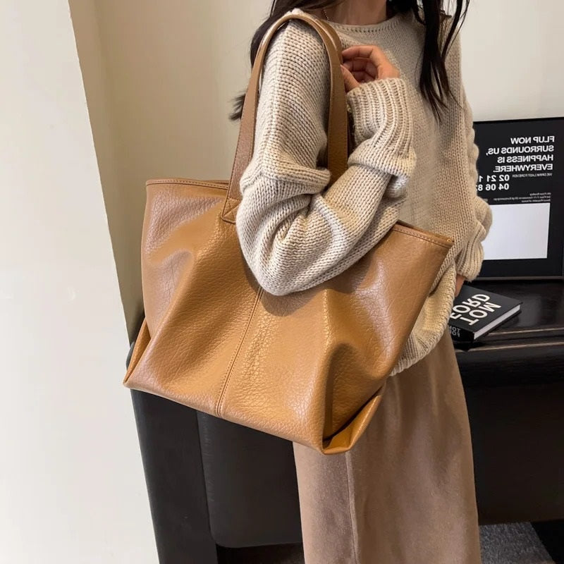 Tote Bag Faux Leather with Zipped Compartment and Sturdy Handles