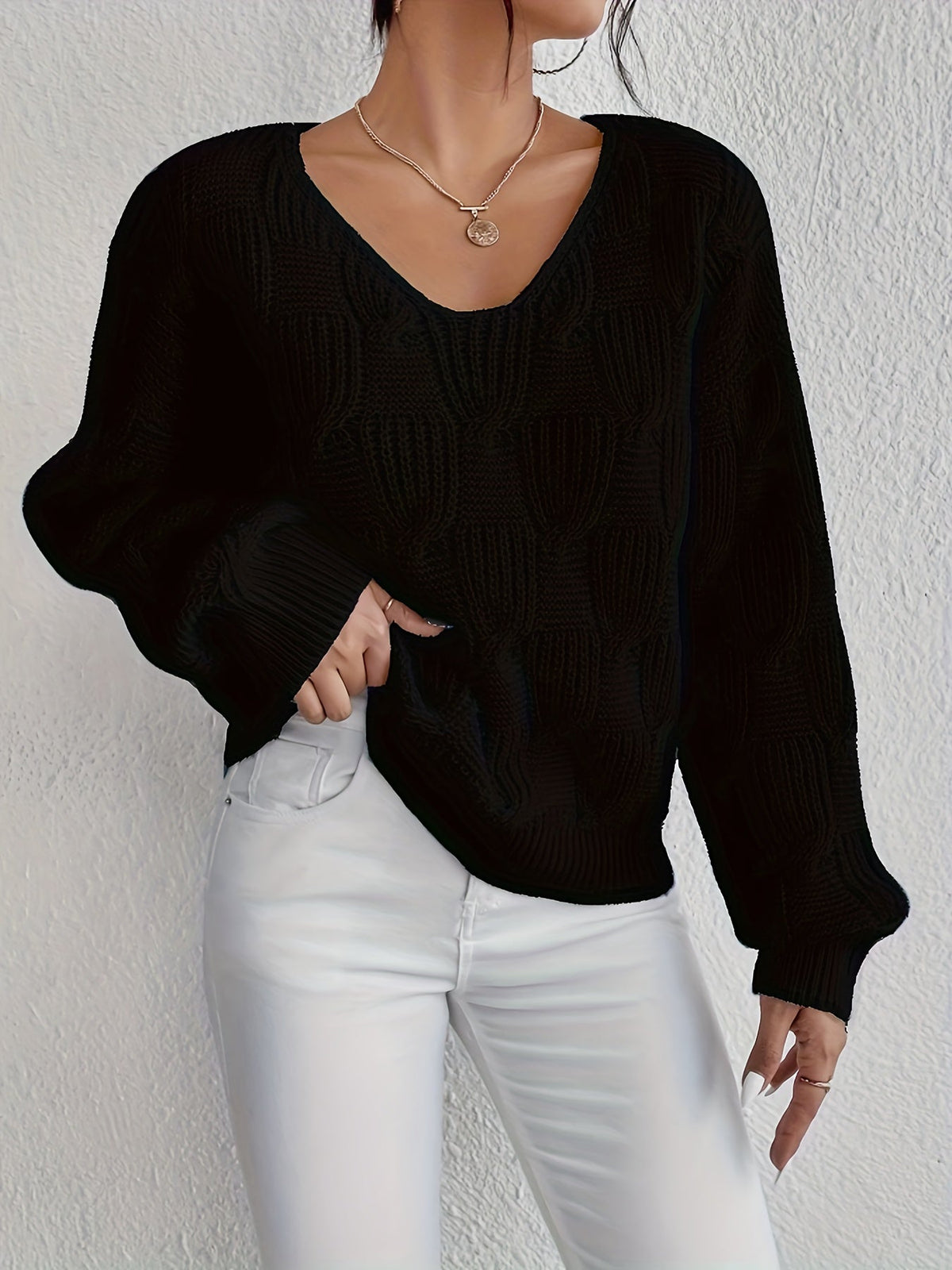 Cable V-Neck Puff Sleeve Jumper