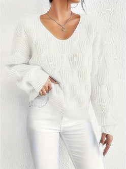 Cable V-Neck Puff Sleeve Jumper