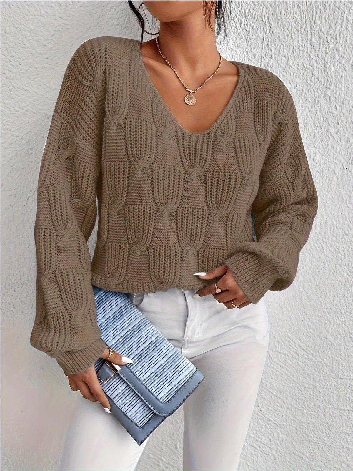 Cable V-Neck Puff Sleeve Jumper