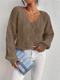 Cable V-Neck Puff Sleeve Jumper