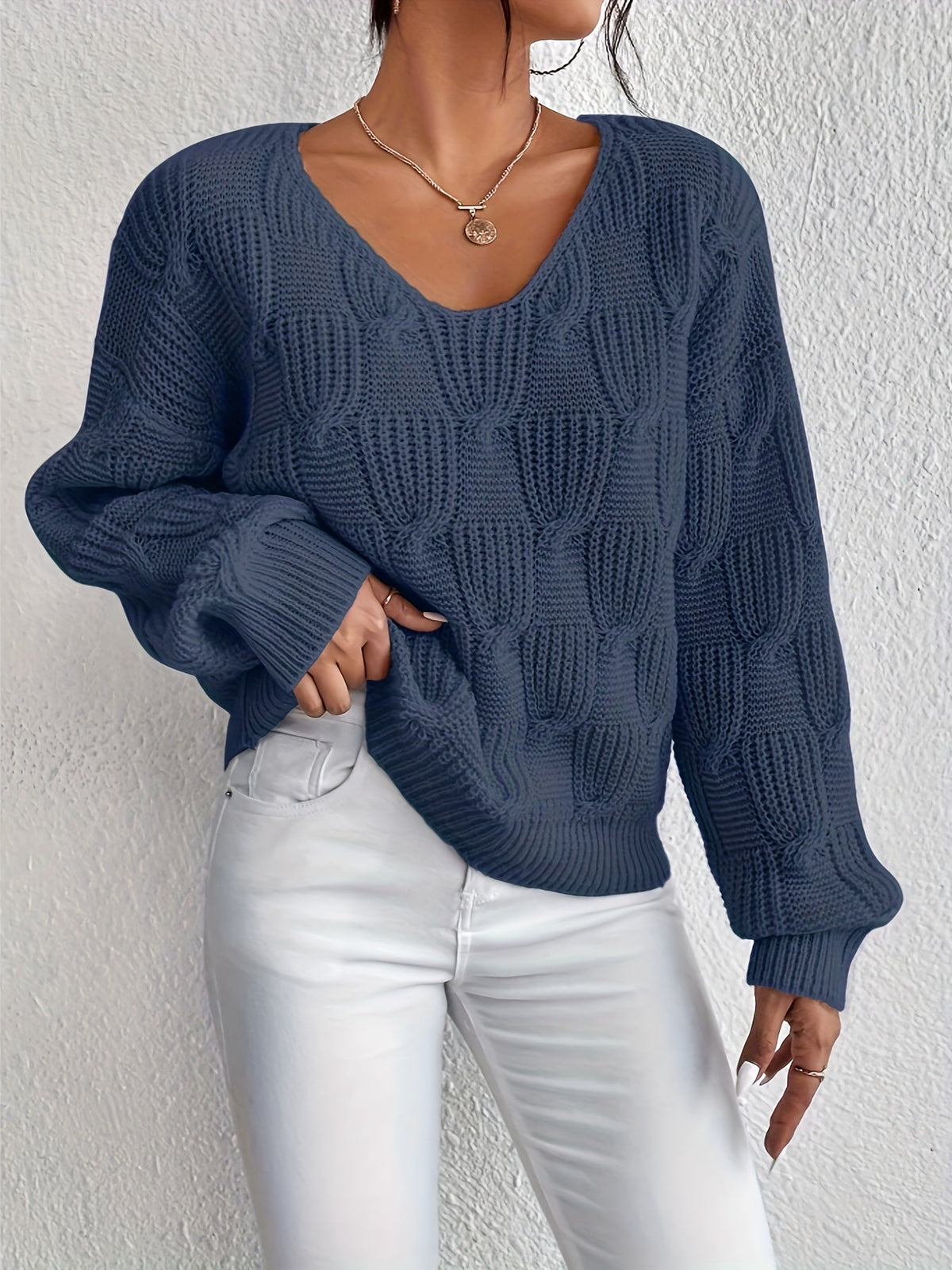 Cable V-Neck Puff Sleeve Jumper