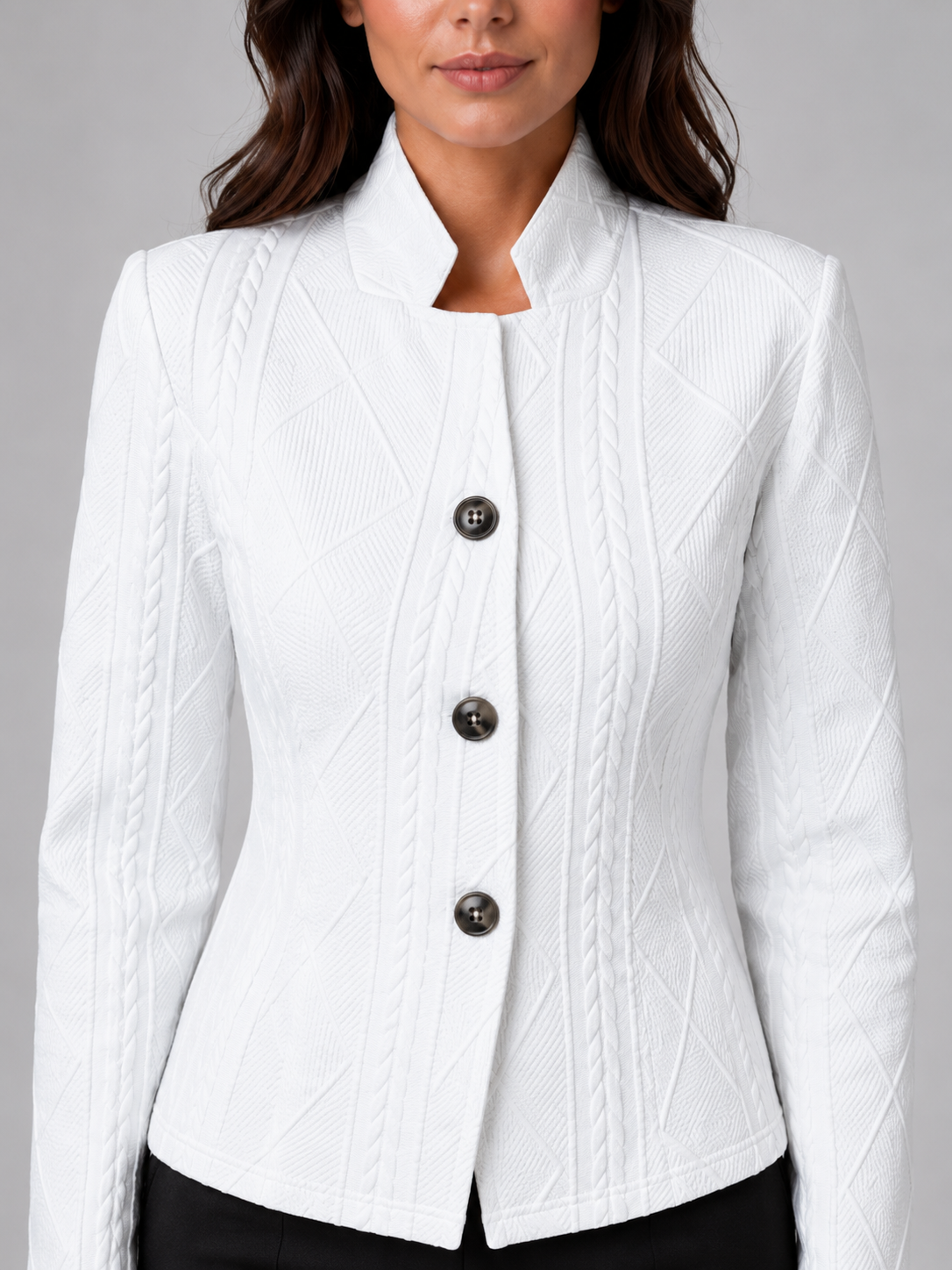 Blazer Polyester Textured Fitted with Mock Neck and Button Front