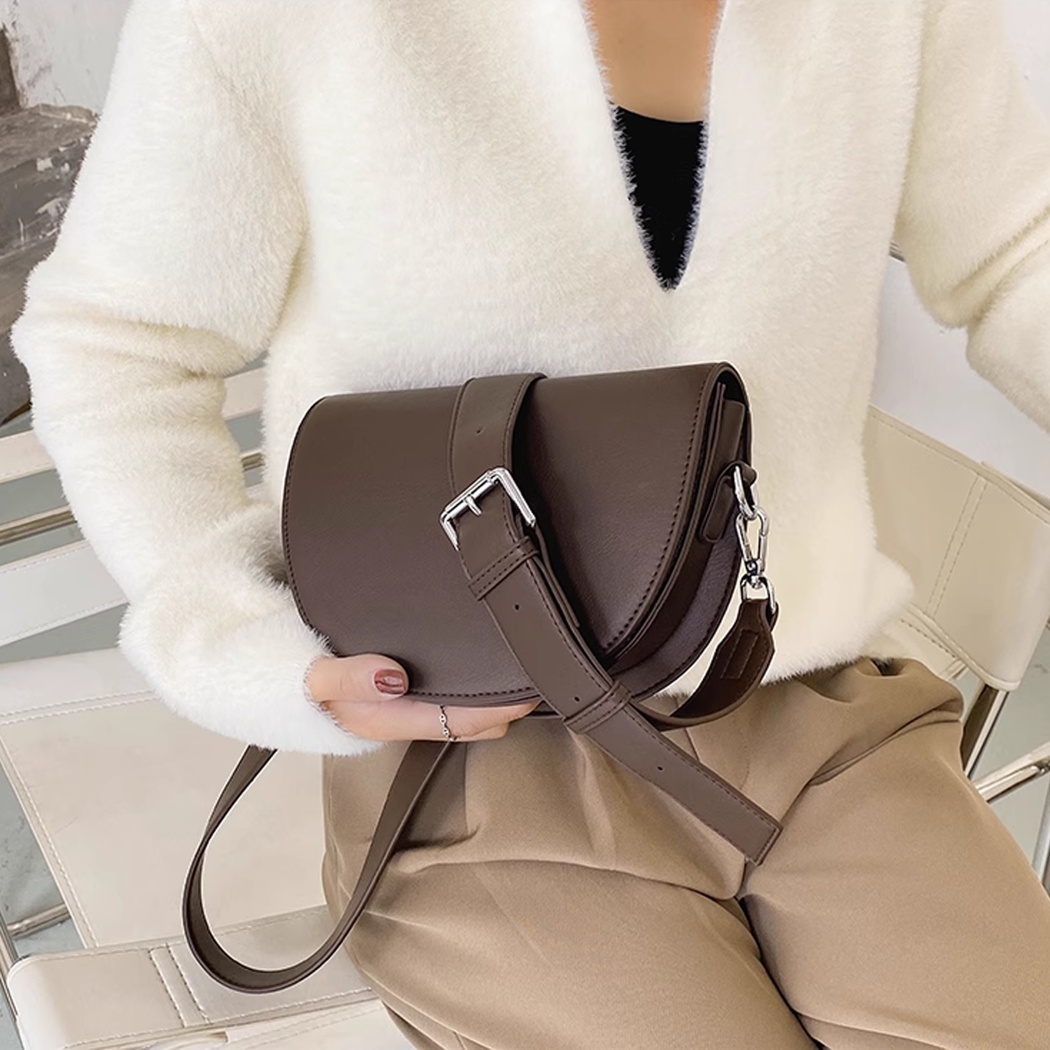 Crescent Bag Faux Leather with Zip and Removable Strap