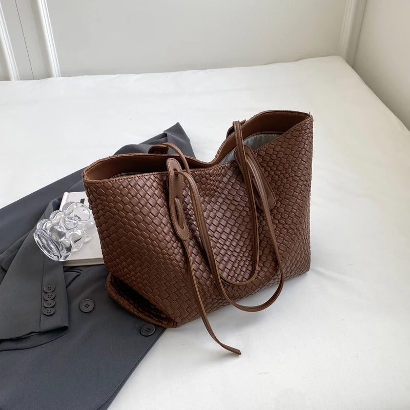 Tote Bag Faux Leather Braided with Zip and Wide Handles