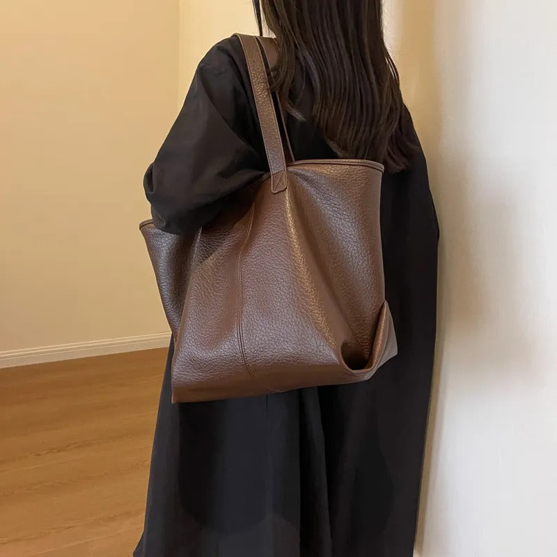 Tote Bag Faux Leather with Zipped Compartment and Sturdy Handles