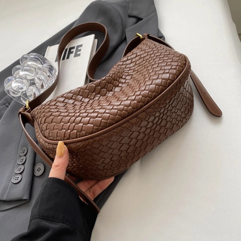 Crescent Bag Faux Leather Woven Detail with Zip and Strap