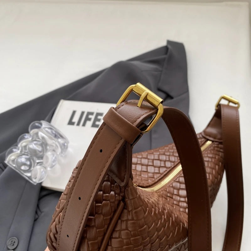 Crescent Bag Faux Leather Woven Detail with Zip and Strap