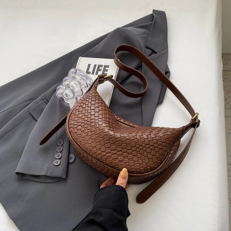 Crescent Bag Faux Leather Woven Detail with Zip and Strap