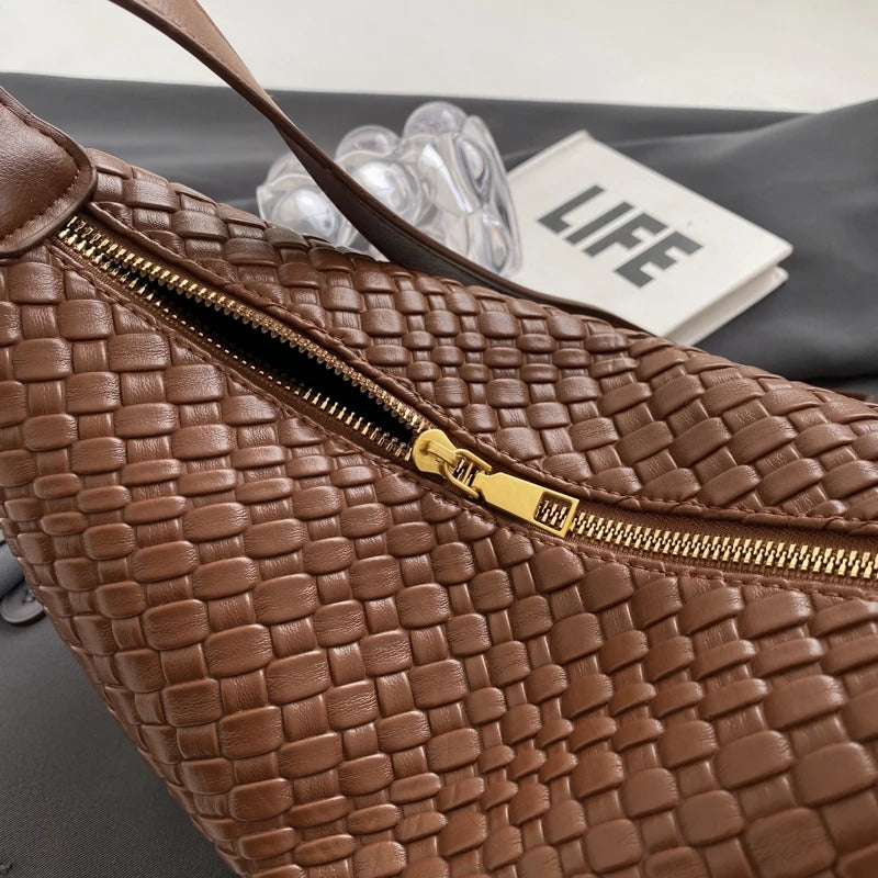 Crescent Bag Faux Leather Woven Detail with Zip and Strap