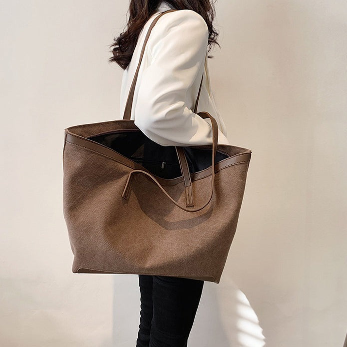 Tote Bag Textured Canvas with Faux Leather Trim and Zip