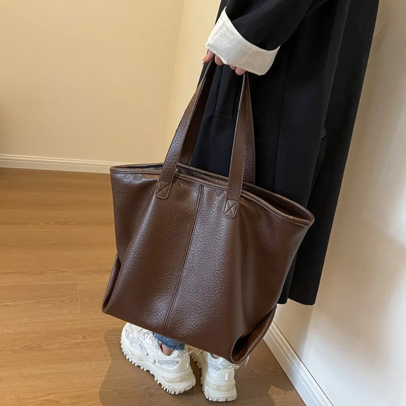 Tote Bag Faux Leather with Zipped Compartment and Sturdy Handles