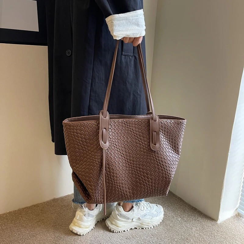 Tote Bag Faux Leather Braided with Zip and Wide Handles