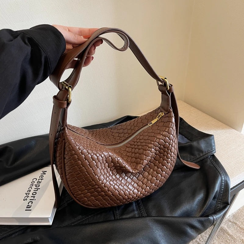 Crescent Bag Faux Leather Woven Detail with Zip and Strap