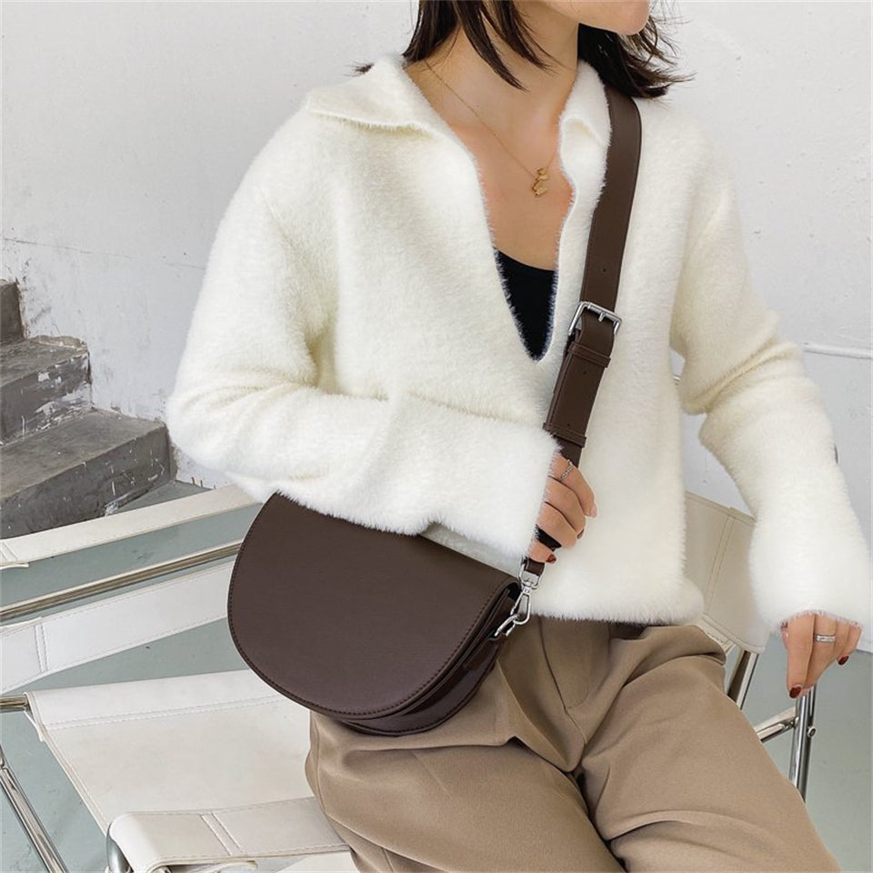 Crescent Bag Faux Leather with Zip and Removable Strap