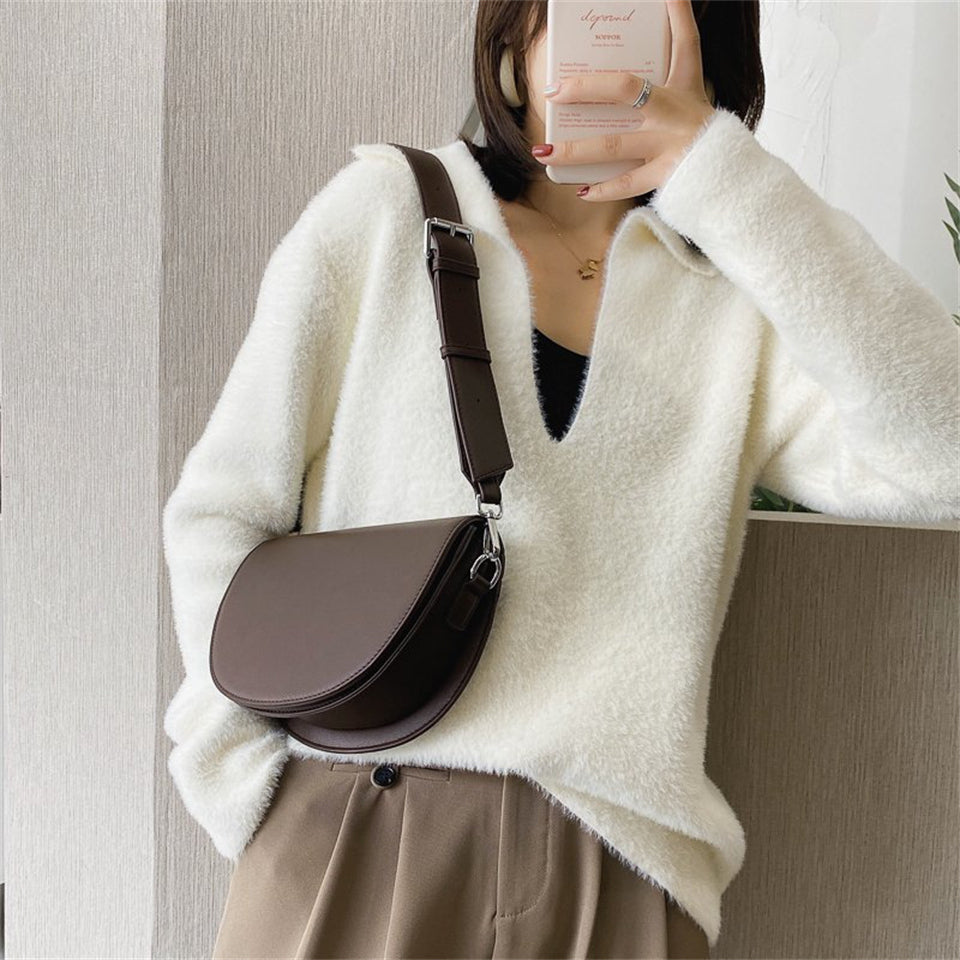 Crescent Bag Faux Leather with Zip and Removable Strap