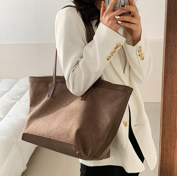 Tote Bag Textured Canvas with Faux Leather Trim and Zip