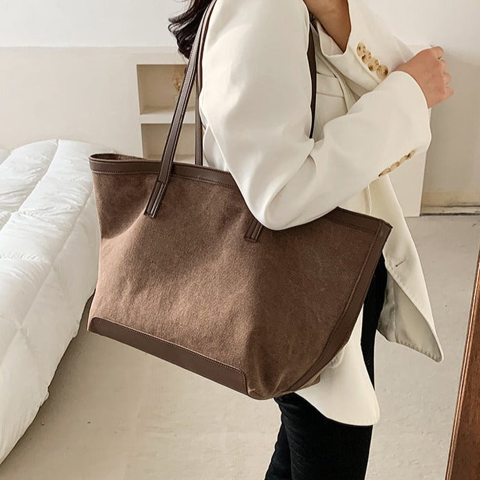 Tote Bag Textured Canvas with Faux Leather Trim and Zip