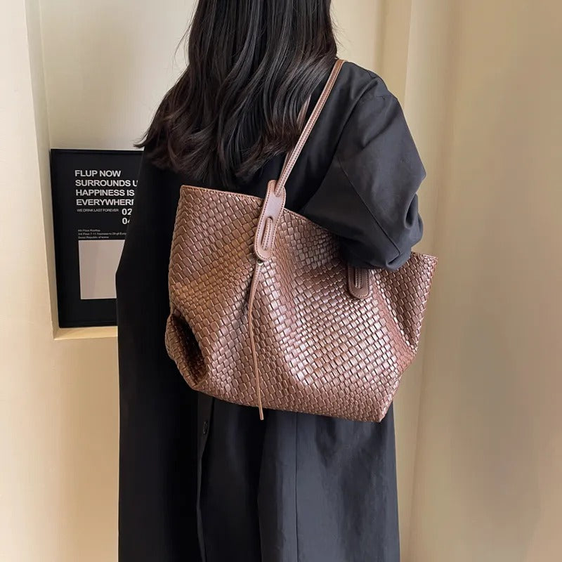 Tote Bag Faux Leather Braided with Zip and Wide Handles