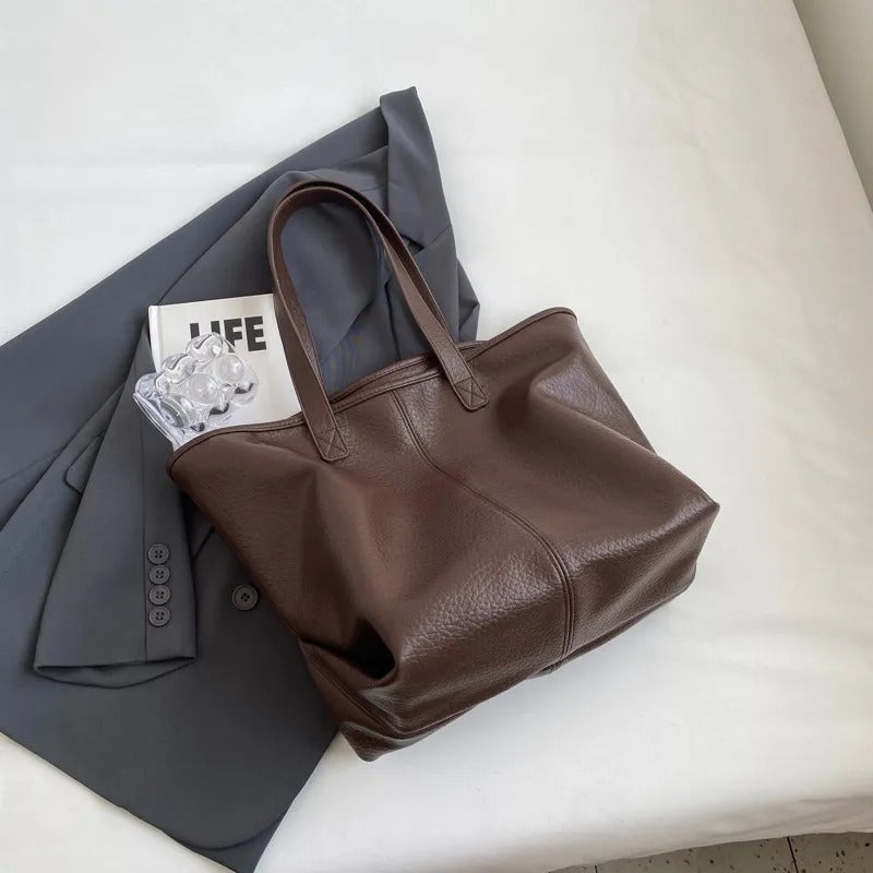 Tote Bag Faux Leather with Zipped Compartment and Sturdy Handles