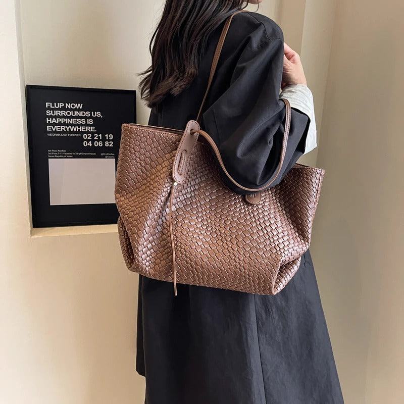 Tote Bag Faux Leather Braided with Zip and Wide Handles