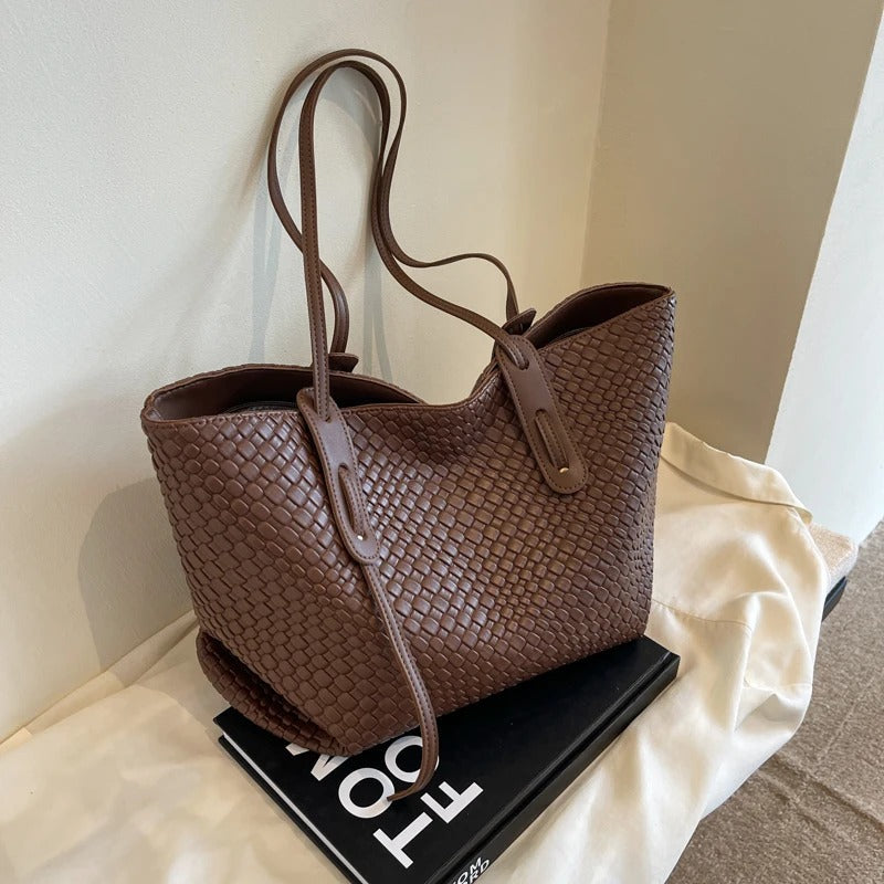 Tote Bag Faux Leather Braided with Zip and Wide Handles