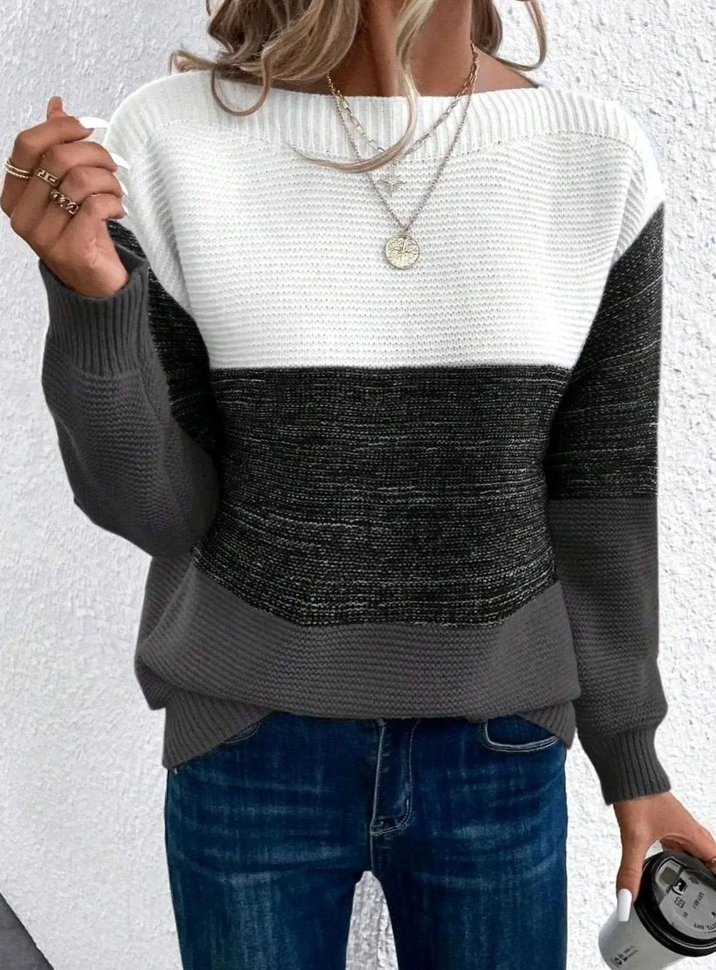 Three-Tone Boat Neck Jumper