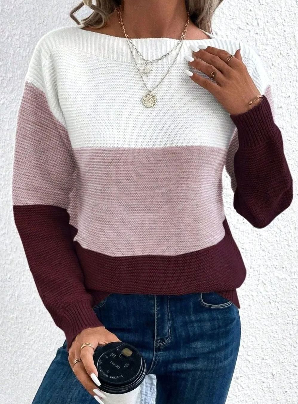 Three-Tone Boat Neck Jumper