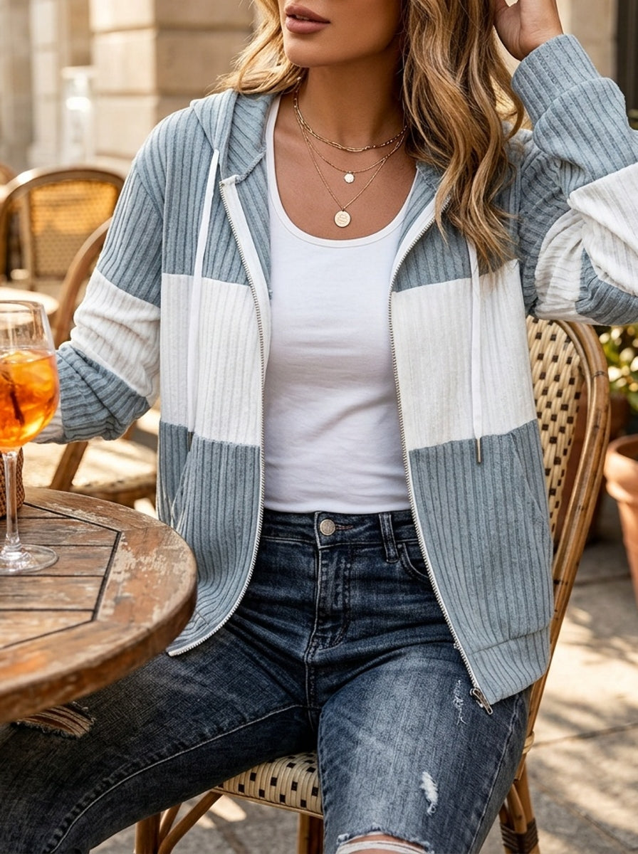 Ribbed Colour Block Zip Hoodie