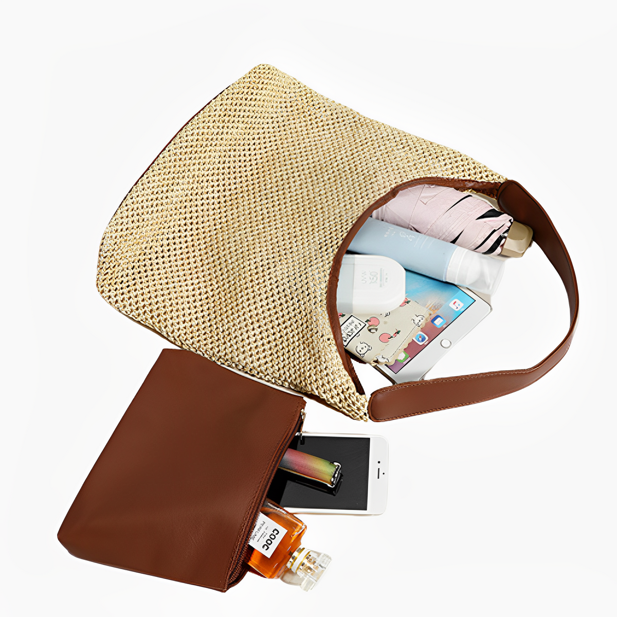 Hobo Bag Straw Faux Leather with Removable Zip Pouch