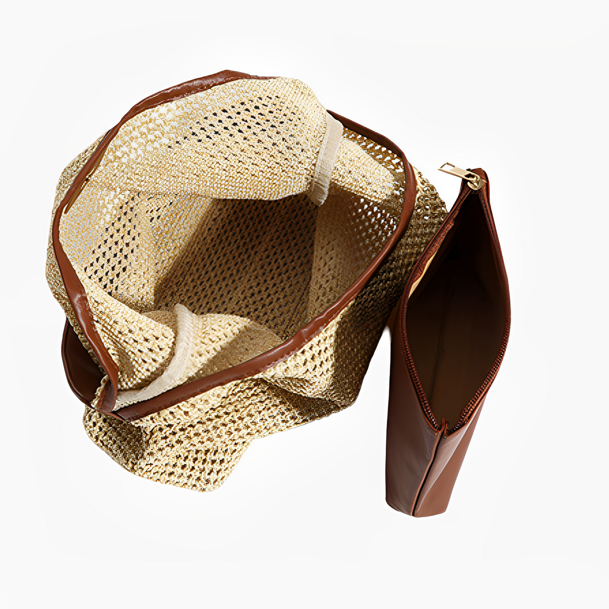 Hobo Bag Straw Faux Leather with Removable Zip Pouch