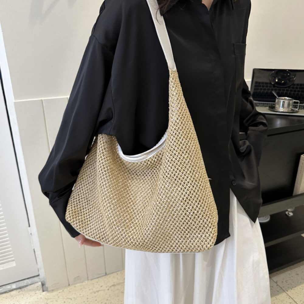 Hobo Bag Straw Faux Leather with Removable Zip Pouch