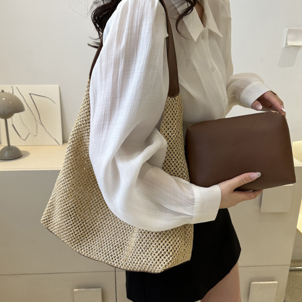 Hobo Bag Straw Faux Leather with Removable Zip Pouch