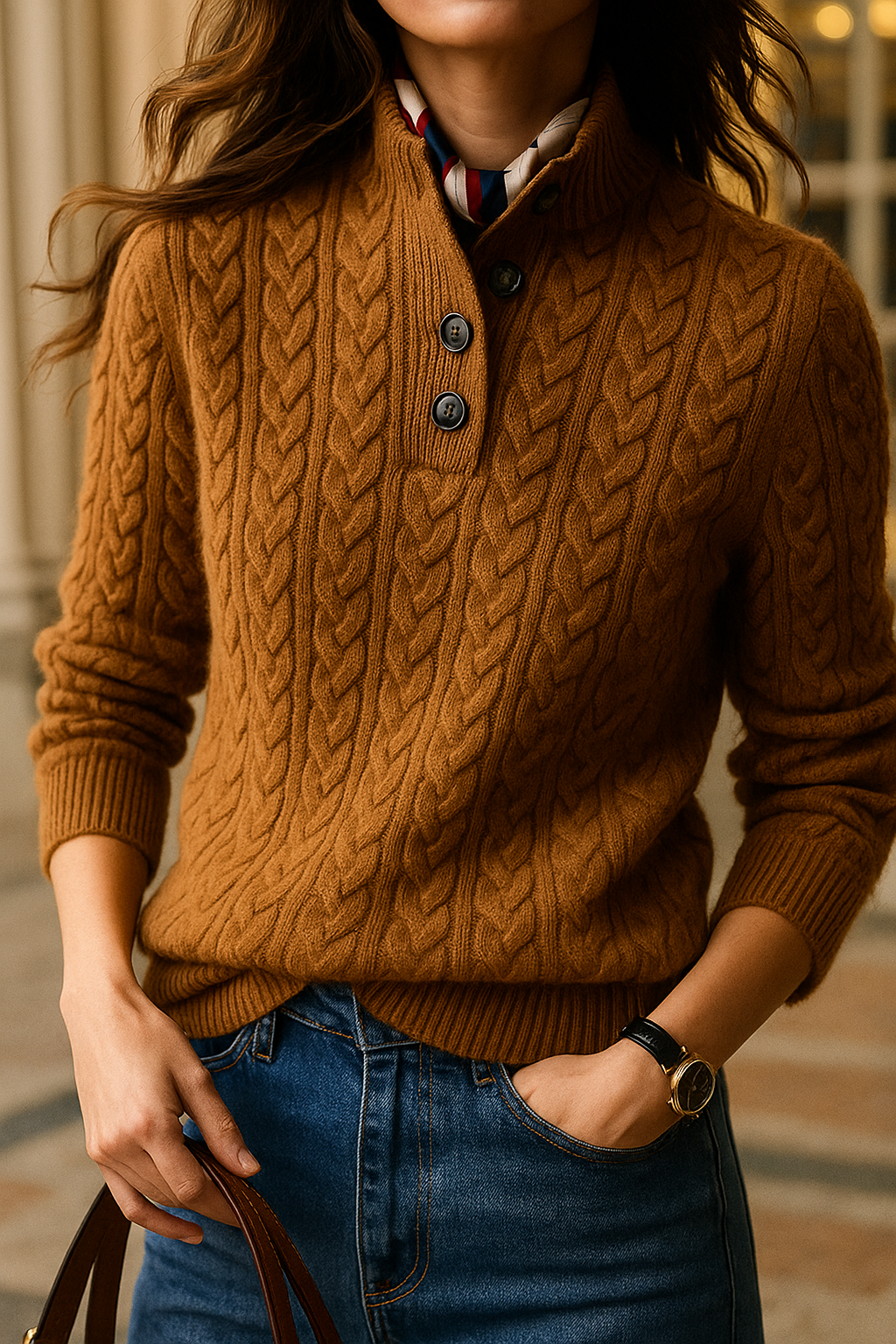 Cable Knit Button Neck Jumper