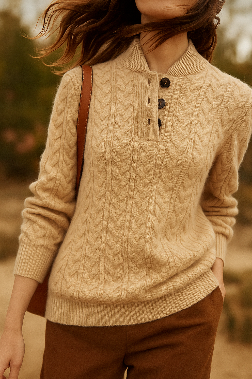 Cable Knit Button Neck Jumper