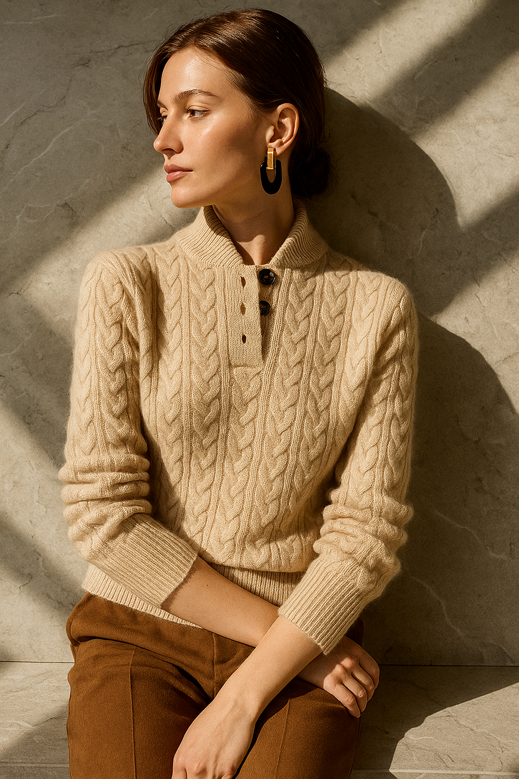 Cable Knit Button Neck Jumper