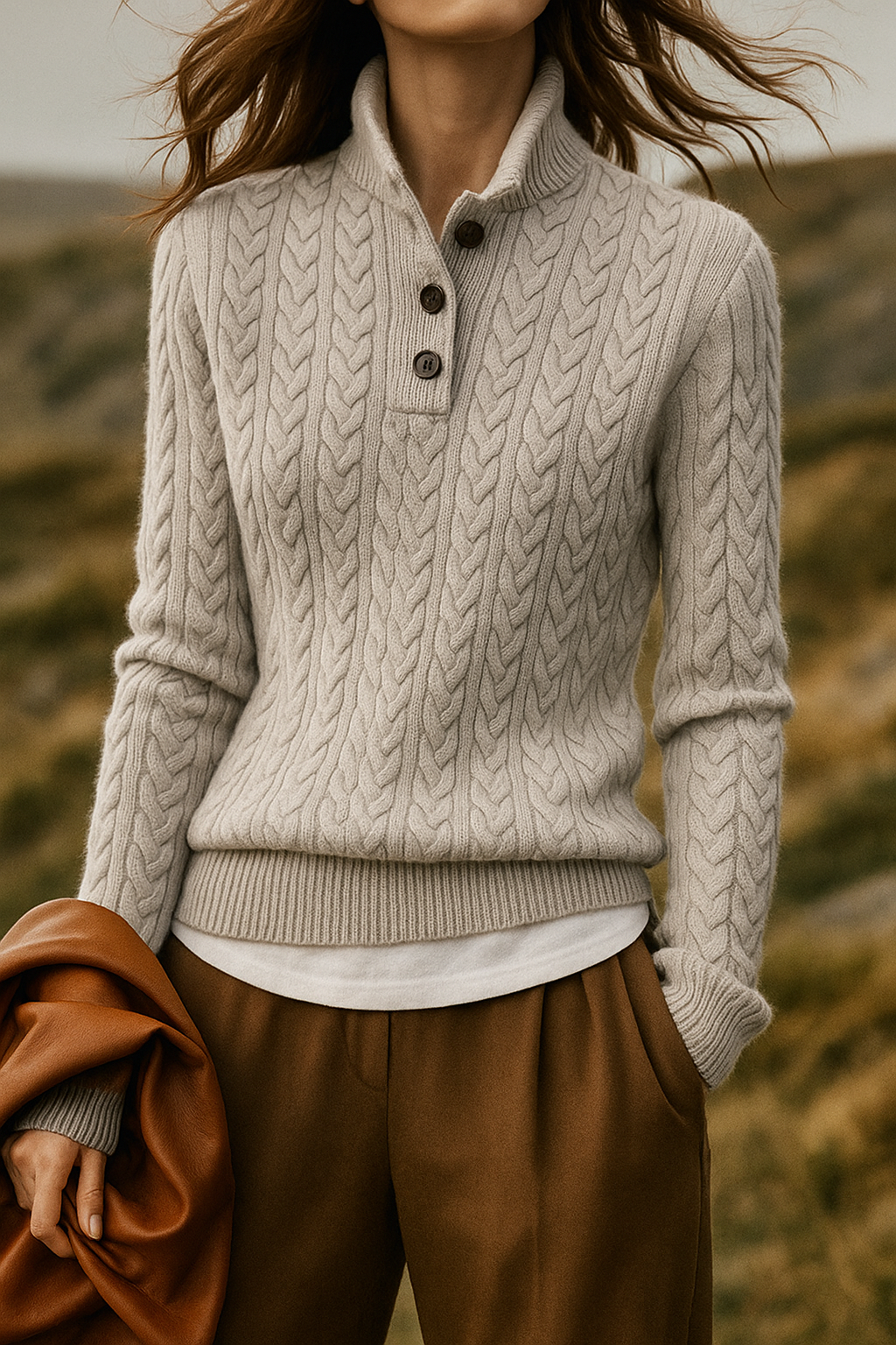 Cable Knit Button Neck Jumper