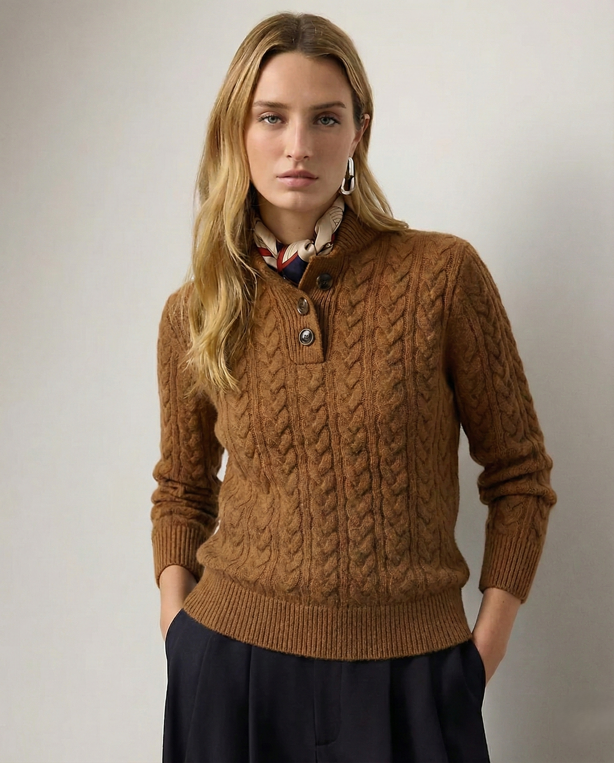 Cable Knit Button Neck Jumper