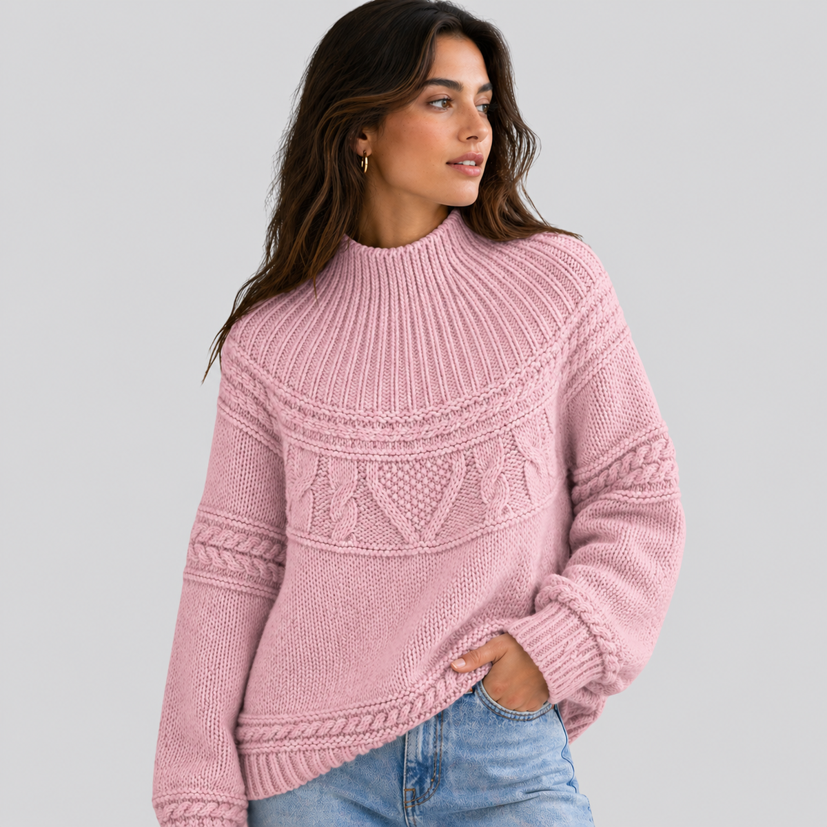 Honeycomb Cable Mock Neck Jumper
