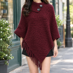 Fringe Hem Roll Neck Poncho