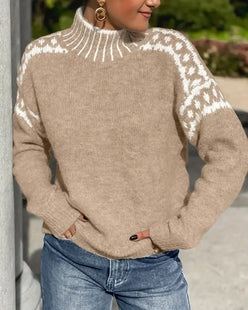 Leopard Yoke Mock Neck Jumper