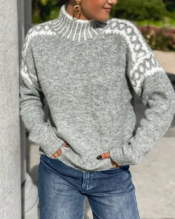 Leopard Yoke Mock Neck Jumper