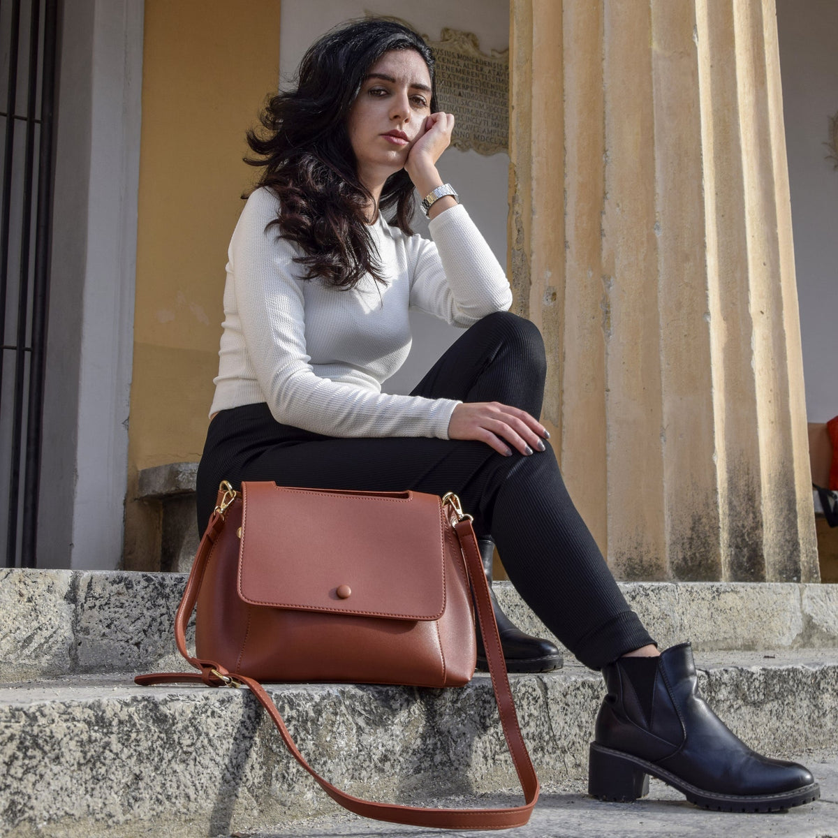 Top Handle Bag Faux Leather with Canvas Crossbody Strap