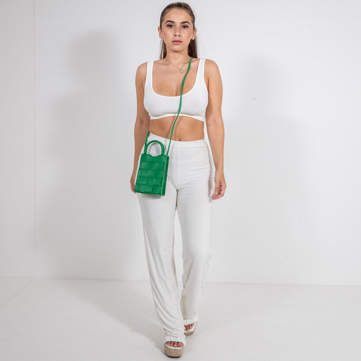 Phone Bag Faux Leather Woven with Top Handles and Strap