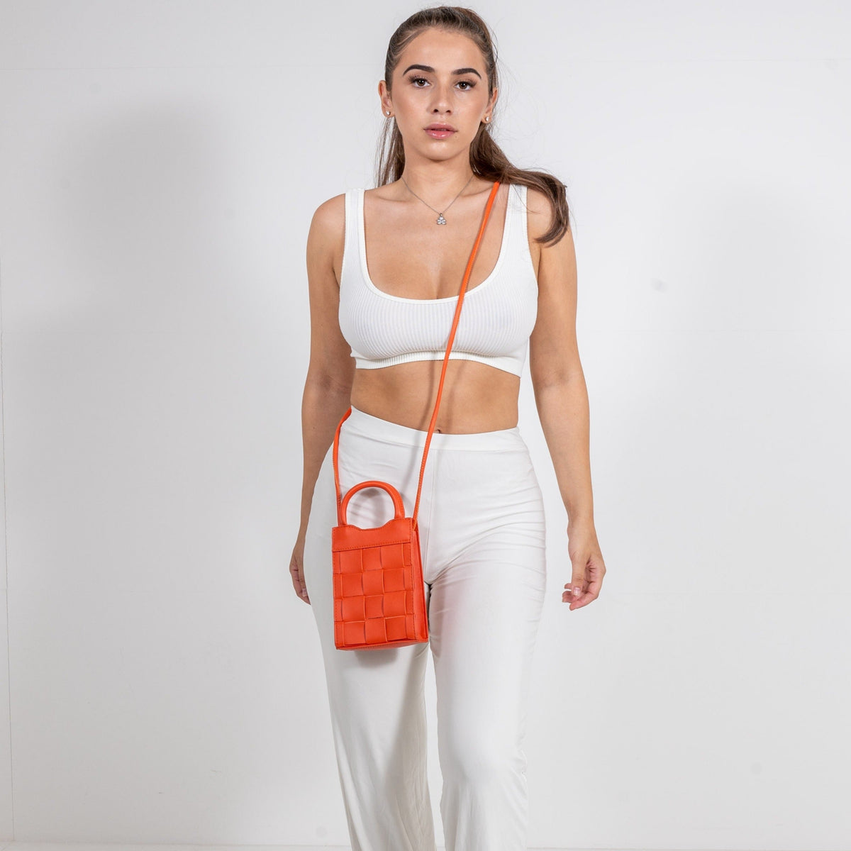 Phone Bag Faux Leather Woven with Top Handles and Strap