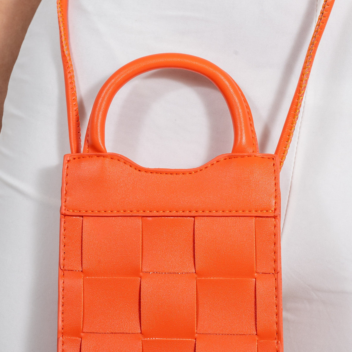 Phone Bag Faux Leather Woven with Top Handles and Strap