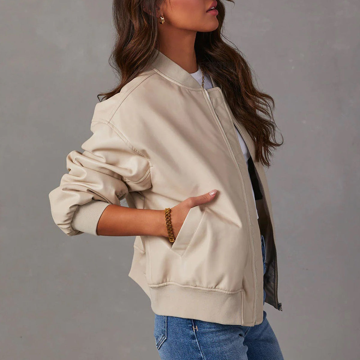 Bomber Jacket Faux Leather with Soft Lining and Zip Front